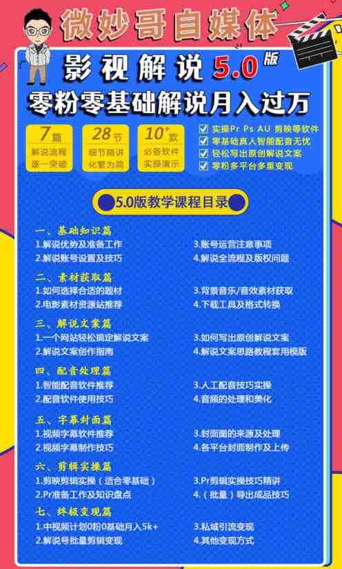 微妙哥影视解说5.0版视频课程，零粉丝零基础解说，小白也能月入过万(“零基础也能月入过万！微妙哥影视解说5.0版视频课程助你成为专业解说者”)