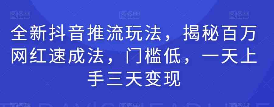 全新抖音推流玩法，揭秘百万网红速成法，门槛低，一天上手三天变现(全新抖音推流玩法一天上手，三天变现)