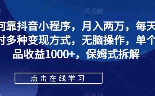 如何靠抖音小程序，月入两万，每天两小时多种变现方式，无脑操作，单个作品收益1000+，保姆式拆解(“保姆式拆解”抖音小程序变现低门槛、高收益的全新赚钱方式)