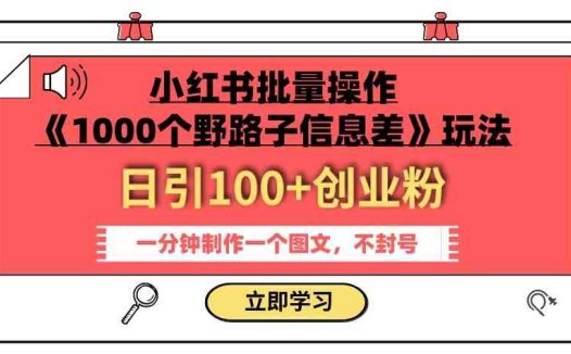 小红书批量操作《1000个野路子信息差》玩法，一分钟制作一个图文，不封号，日引100+创业粉(《1000个野路子信息差》小红书批量操作指南)