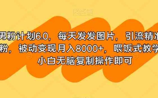 男粉计划6.0，每天发发图片，引流精准男粉，被动变现月入8000+，喂饭式教学，小白无脑复制操作即可(男粉计划6.0简单易行的网赚项目指南)