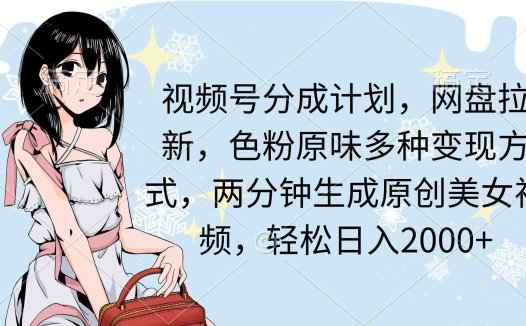 视频号分成计划，网盘拉新，色粉原味多种变现方式，两分钟生成原创美女…