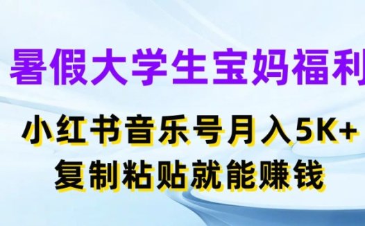 暑假大学生宝妈福利，小红书音乐号月入5000+，复制粘贴就能赚钱